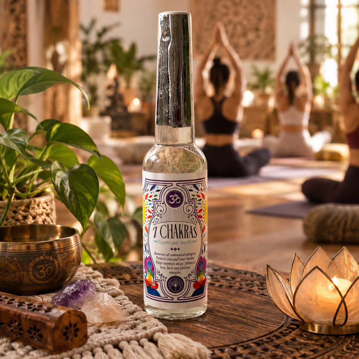 Soul Sticks 7 Chakras Cleansing Water room mist displayed in a yoga and meditation setting with singing bowl, crystals and candlelight