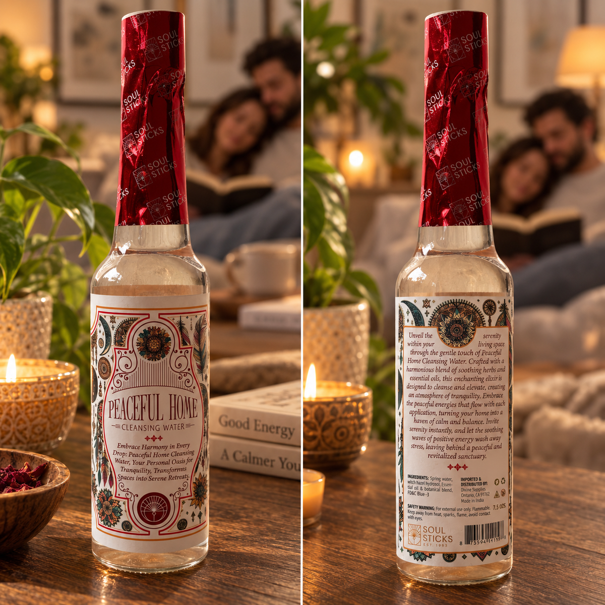 Soul Sticks Peaceful Home Cleansing Water 221 ml shown from front and back in a warm home setting with candles and botanical decor