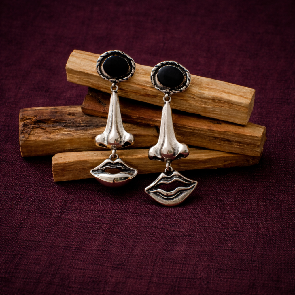 Gold boho statement earrings with an eye motif. Surreal face drop earrings.