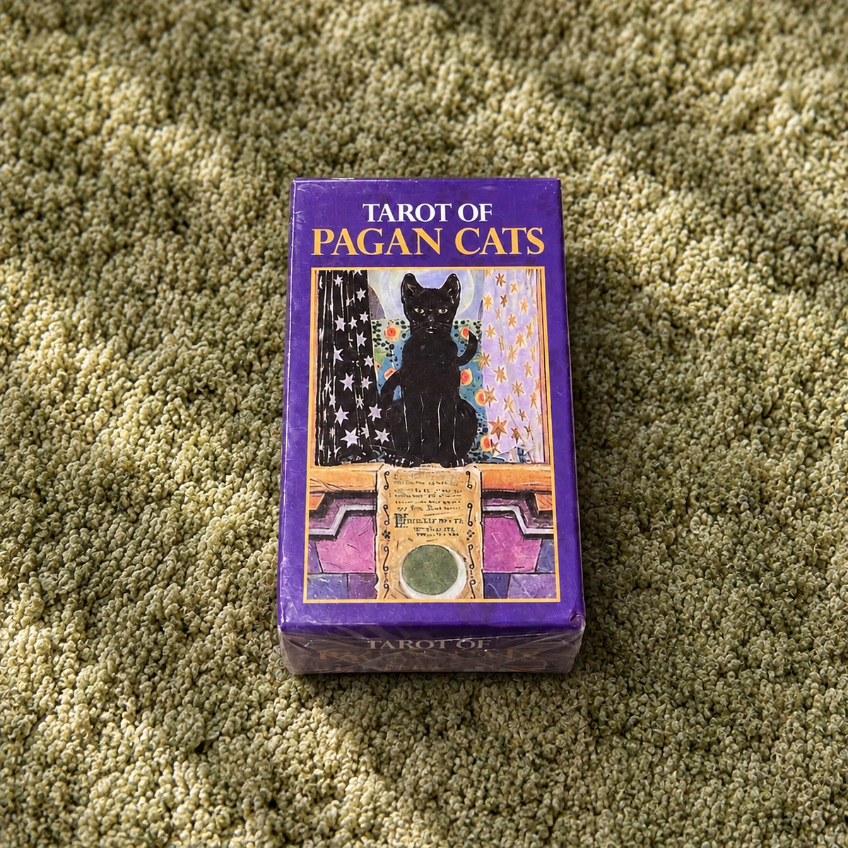 Front view of the Tarot of Pagan Cats 78-card tarot deck box featuring black cat artwork.