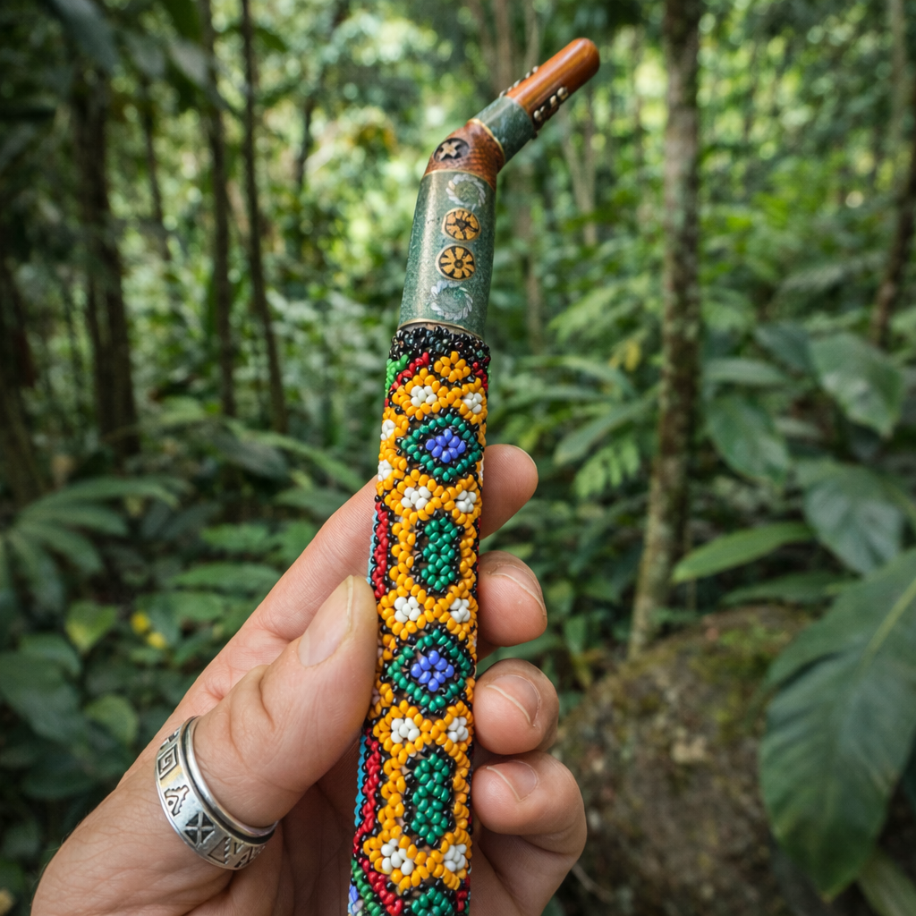 Hand holding a Tepi Hapé applicator with colourful geometric beadwork and carved decorative details