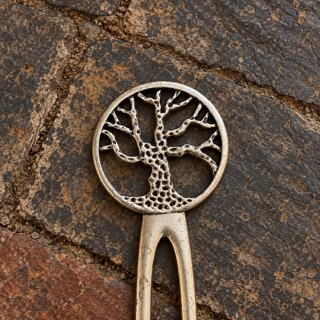 Close-up of the textured Tree of Life design on an antique silver-tone two-prong hair pin.