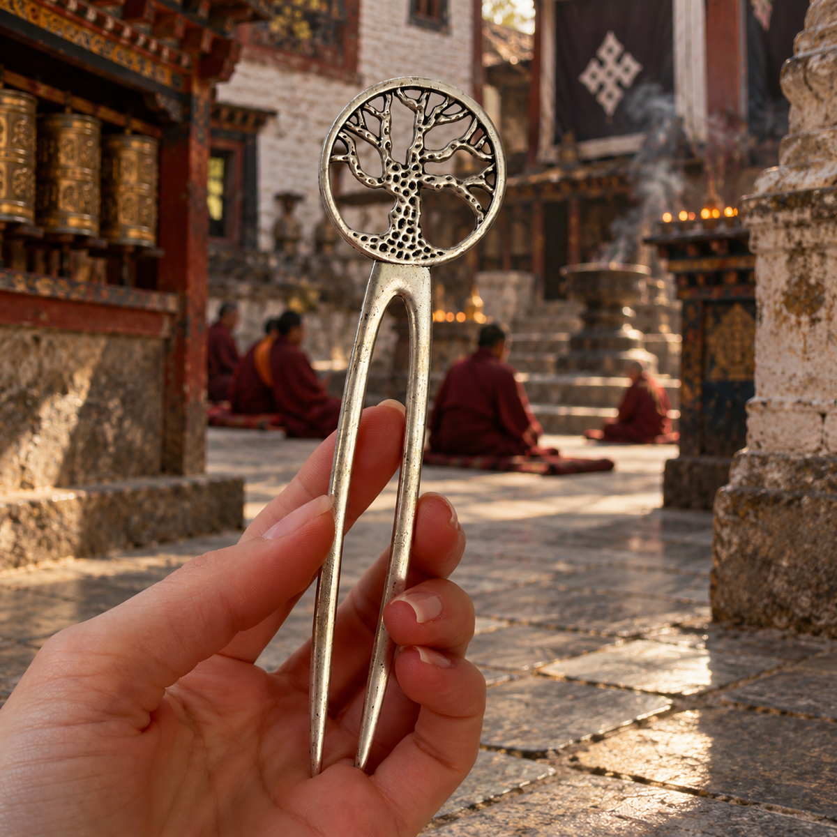 Antique silver-tone Tree of Life two-prong hair pin held by hand in a monastery courtyard setting