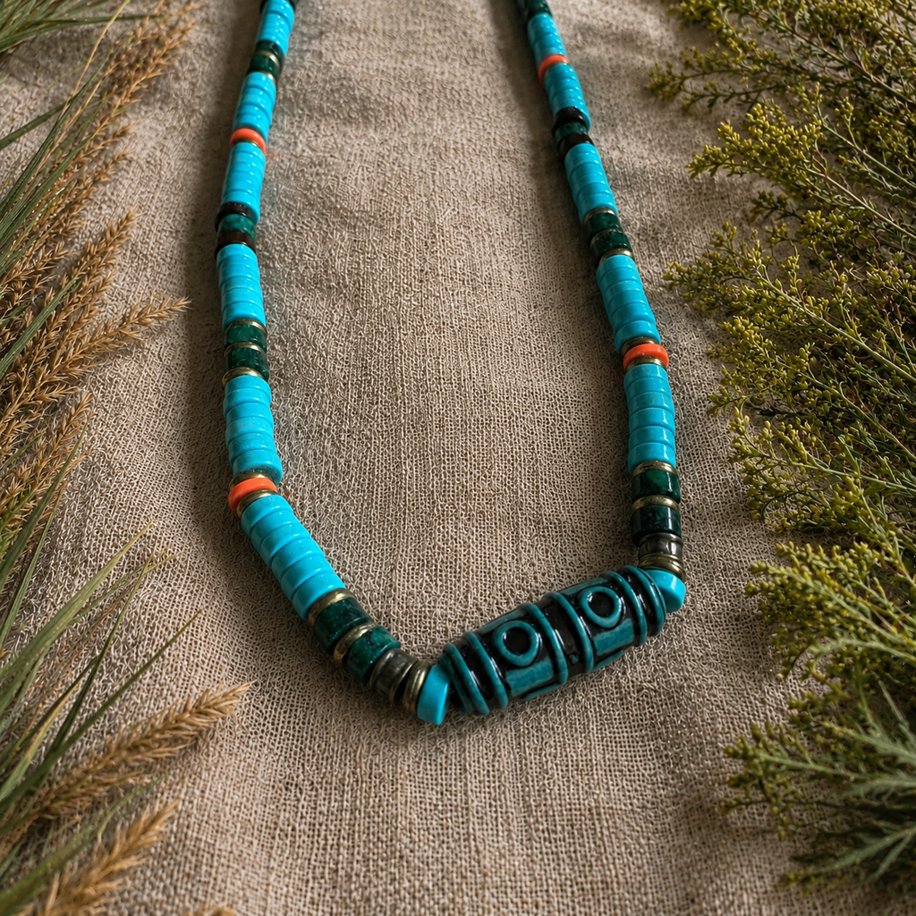 Close-up of an adjustable tribal coastal beaded necklace with vibrant blue beads and decorative centerpiece displayed on natural linen.