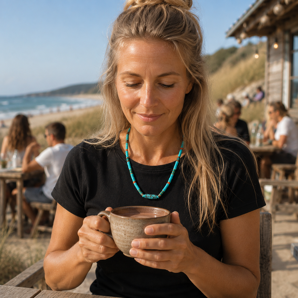 Woman wearing an adjustable tribal coastal beaded necklace while enjoying a warm drink at a seaside café.