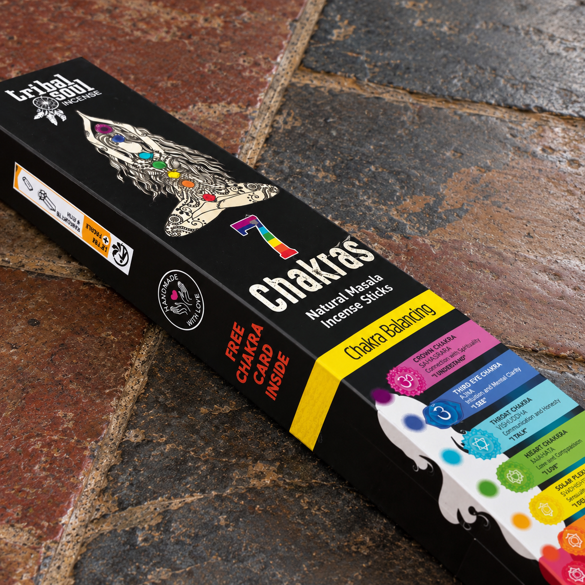 Close-up of Tribal Soul 7 Chakras natural masala incense packaging with chakra symbols
