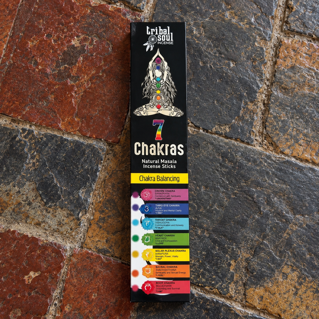 Tribal Soul 7 Chakras natural masala incense sticks in black chakra-themed packaging