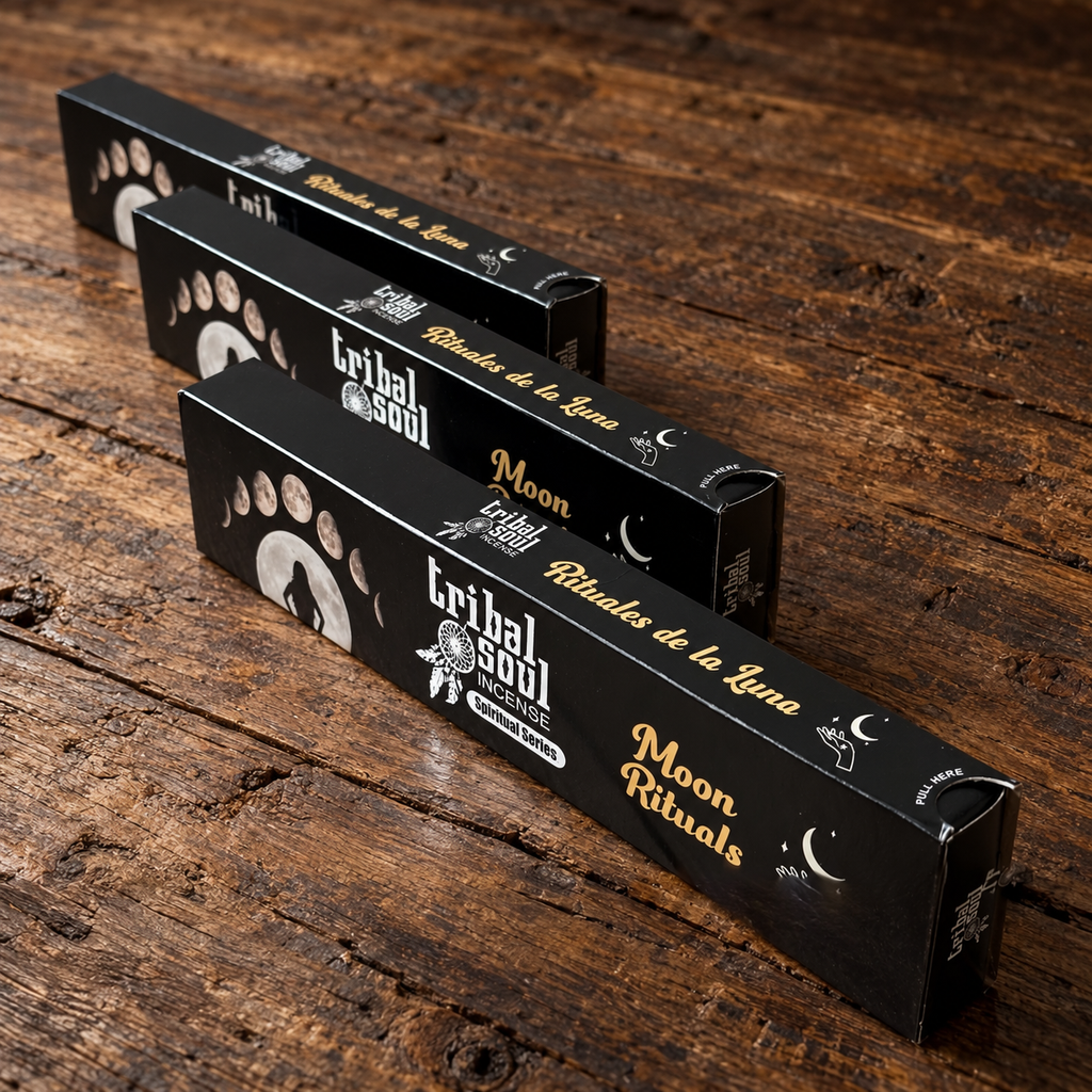 Three Tribal Soul Moon Rituals incense boxes from the Spiritual Series on a rustic wooden surface