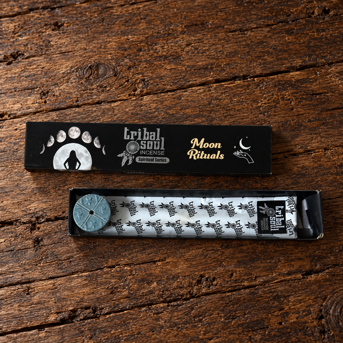 Open Tribal Soul Moon Rituals incense box showing incense pack and blue ceramic incense holder