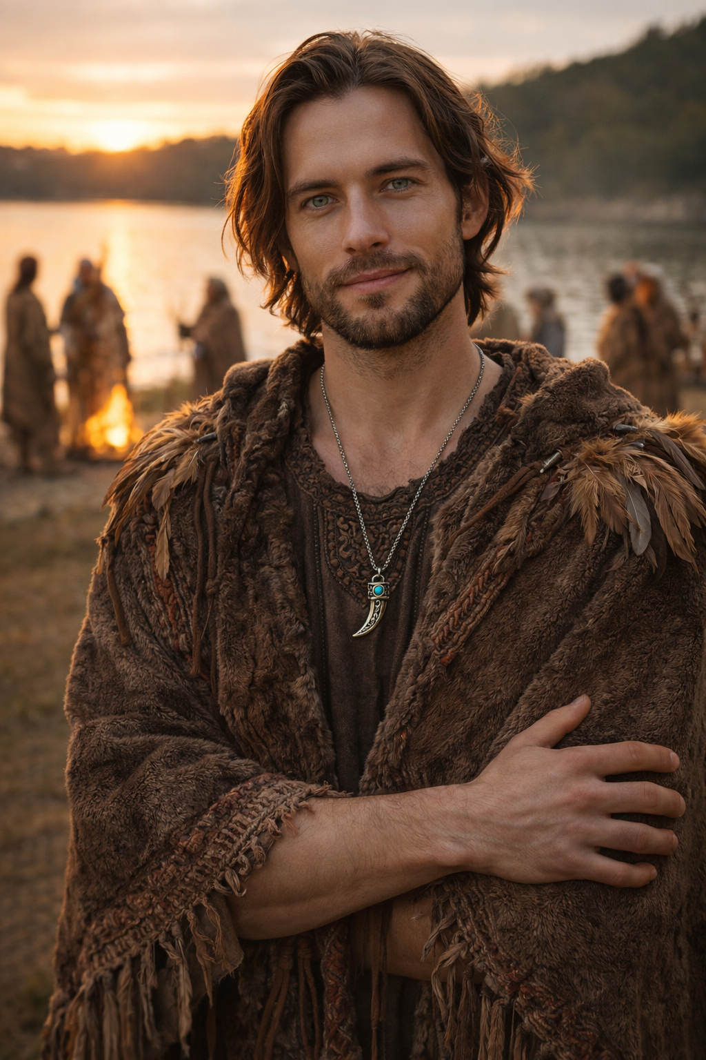 Model wearing a silver-tone fang-claw pendant necklace with a turquoise-look cabochon detail in a festival background 