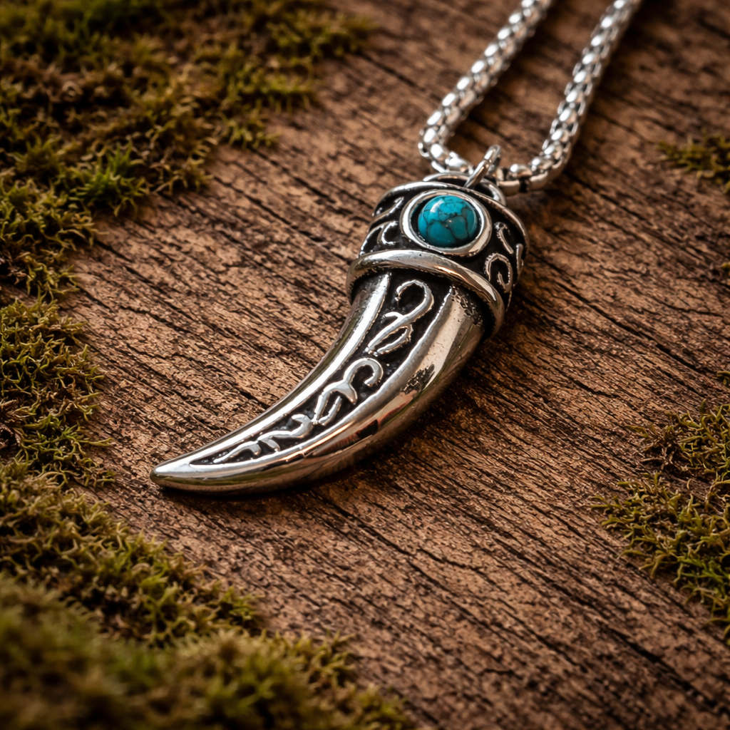 Close-up of a silver-tone fang/claw-shaped pendant with engraved details and a turquoise-look cabochon