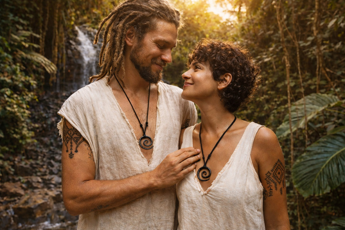 Two models wearing unisex black textured spiral pendant necklaces on adjustable black cords in a Brazilian jungle background