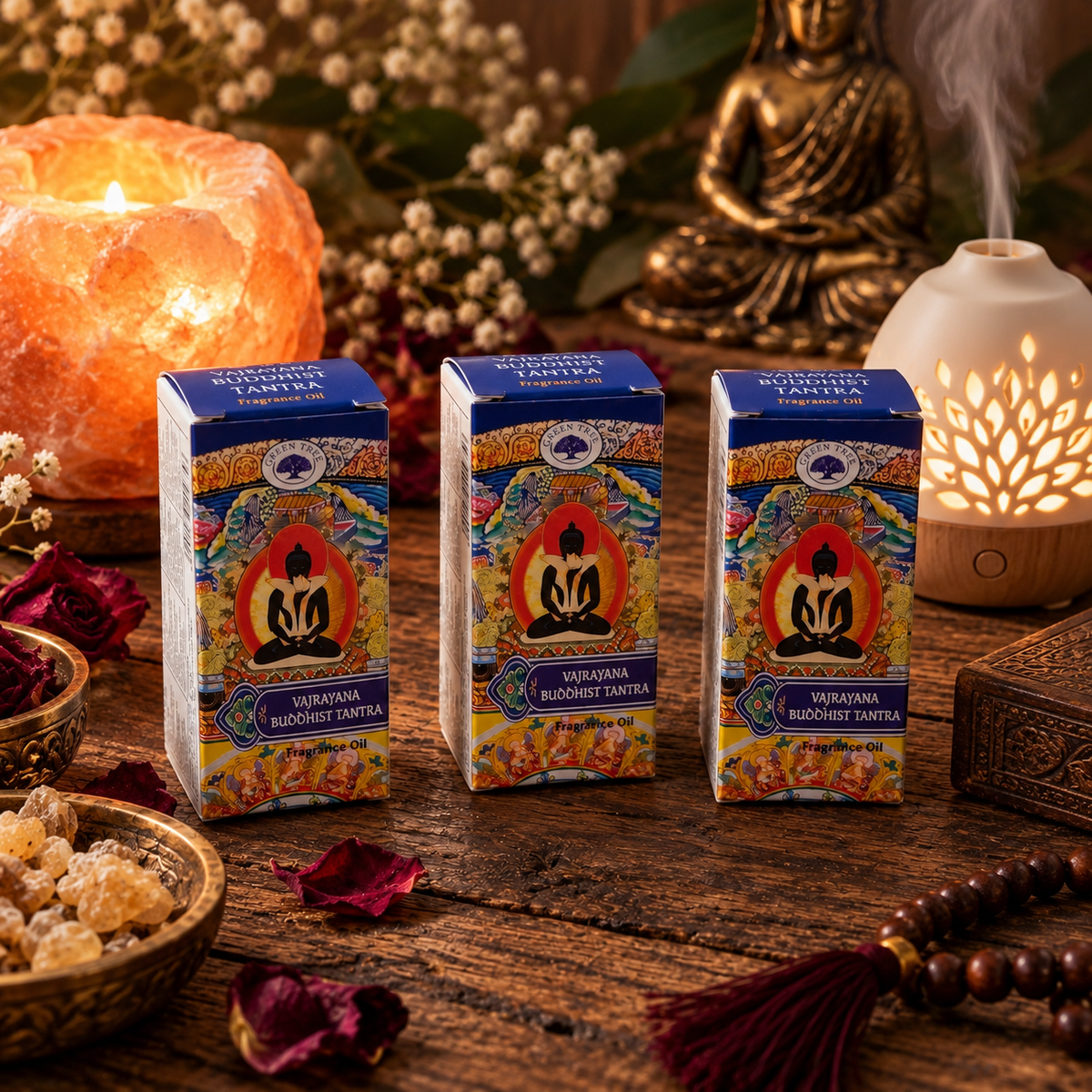 Green Tree Vajrayana Buddhist Tantra Fragrance Oil boxes displayed in an atmospheric setting with aroma diffuser, candle and meditation-inspired decor