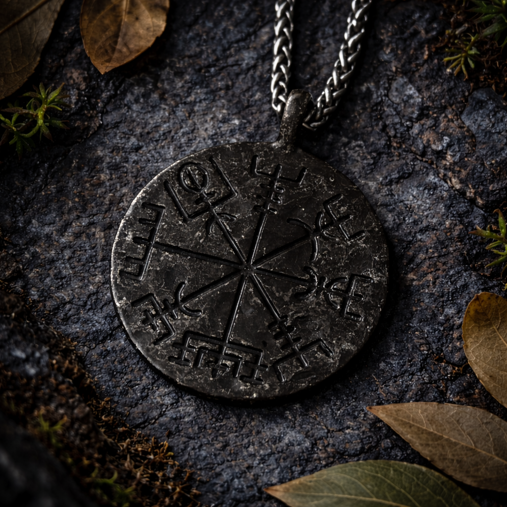 Close-up of the Vegvísir runes side of a dark-metal round pendant necklace on a curb chain