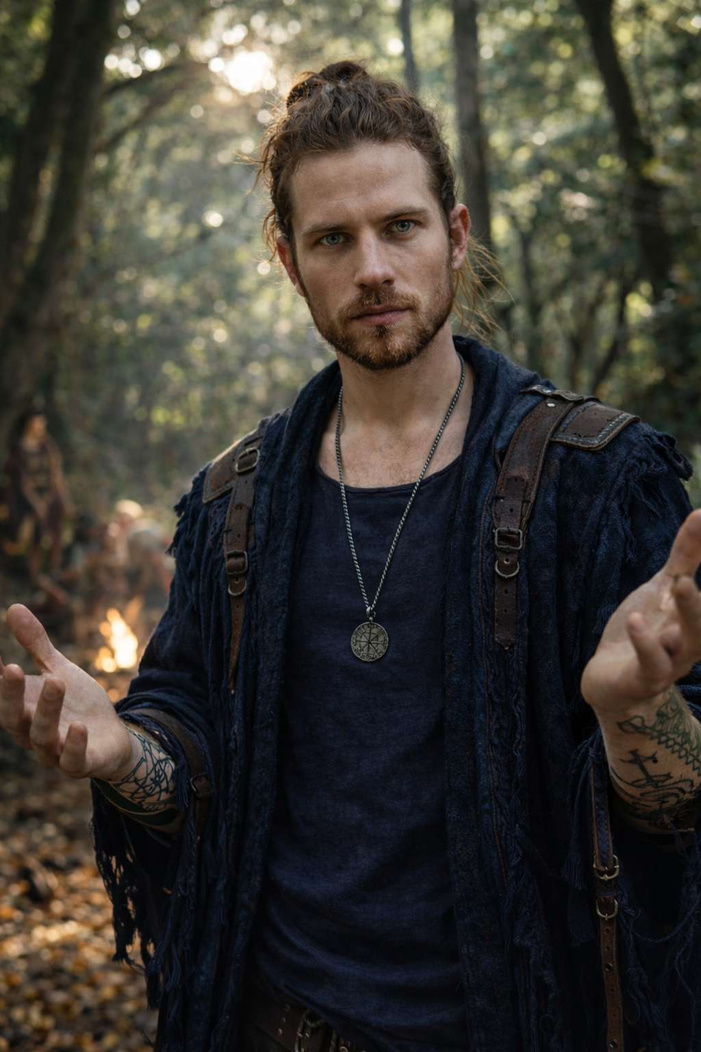 Model wearing a dark round pendant necklace with Nordic-inspired protection-stave rune inspired symbols