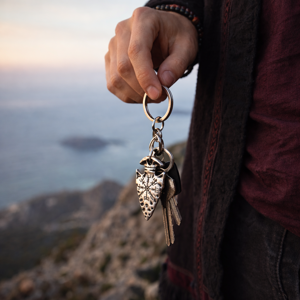Silver-tone keychain with a Vegvísir- rune symbol on an arrowhead-shaped charm, shown held with keys