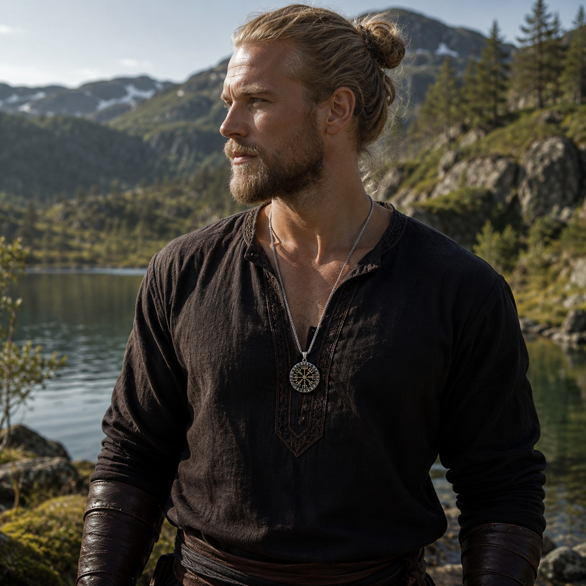 Model wearing a silver-tone chain necklace with a round Vegvísir rune pendant. Viking ispired