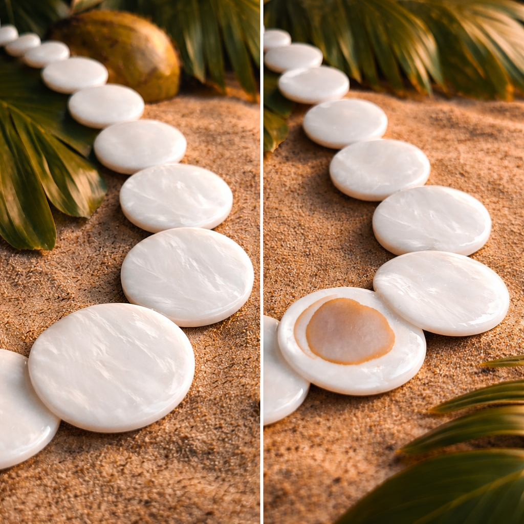 Close-up of white pearlescent disc beads showing the front and reverse sides of the necklace on Bali's Uluwatu beach background