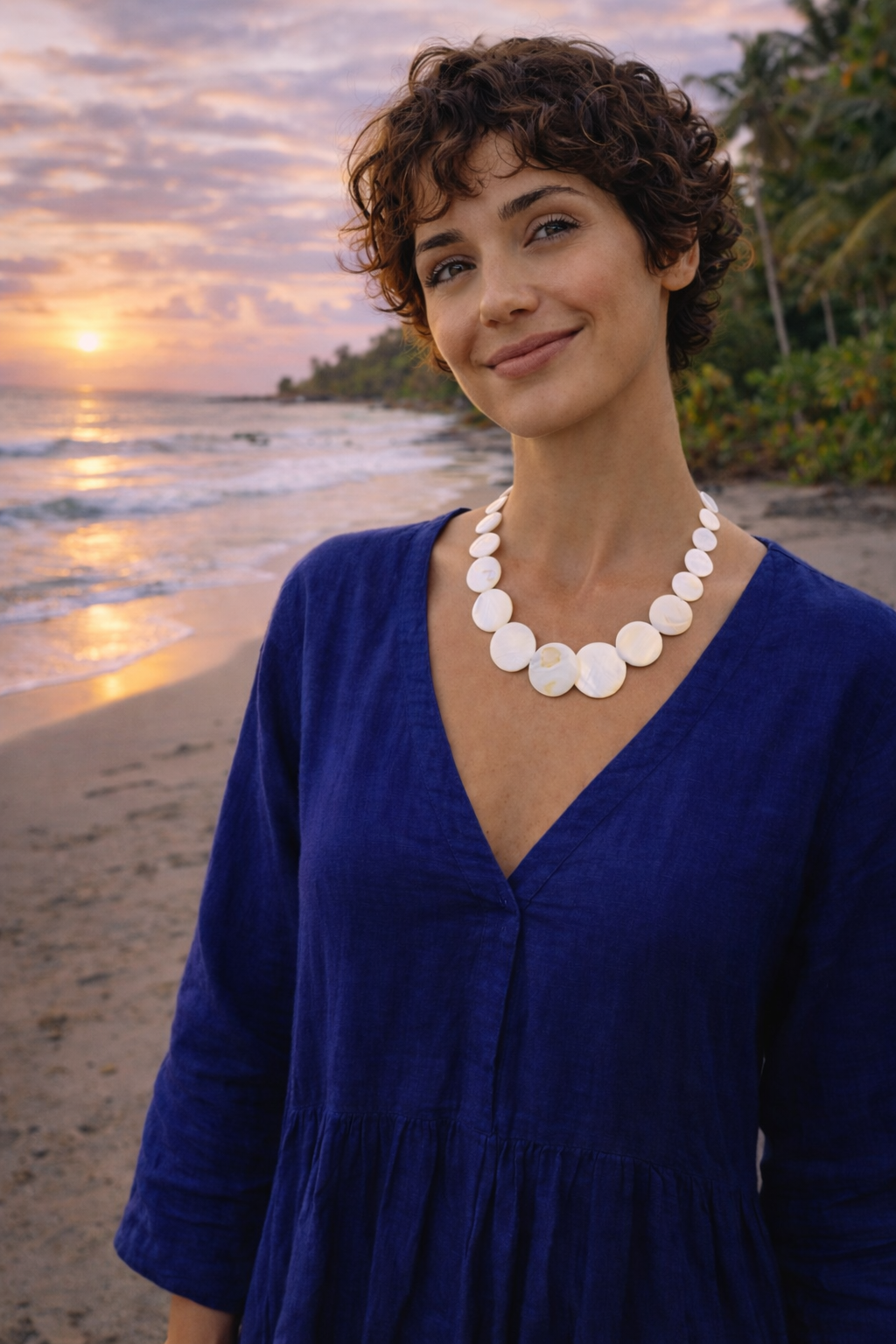 Model wearing a white mother-of-pearl-look disc statement necklace in a Bali Uluwatu beach background