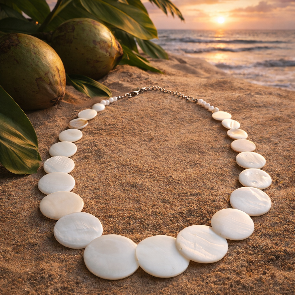White mother-of-pearl-look disc statement necklace with an adjustable silver-tone chain extender in a Bali Uluwatu beach background