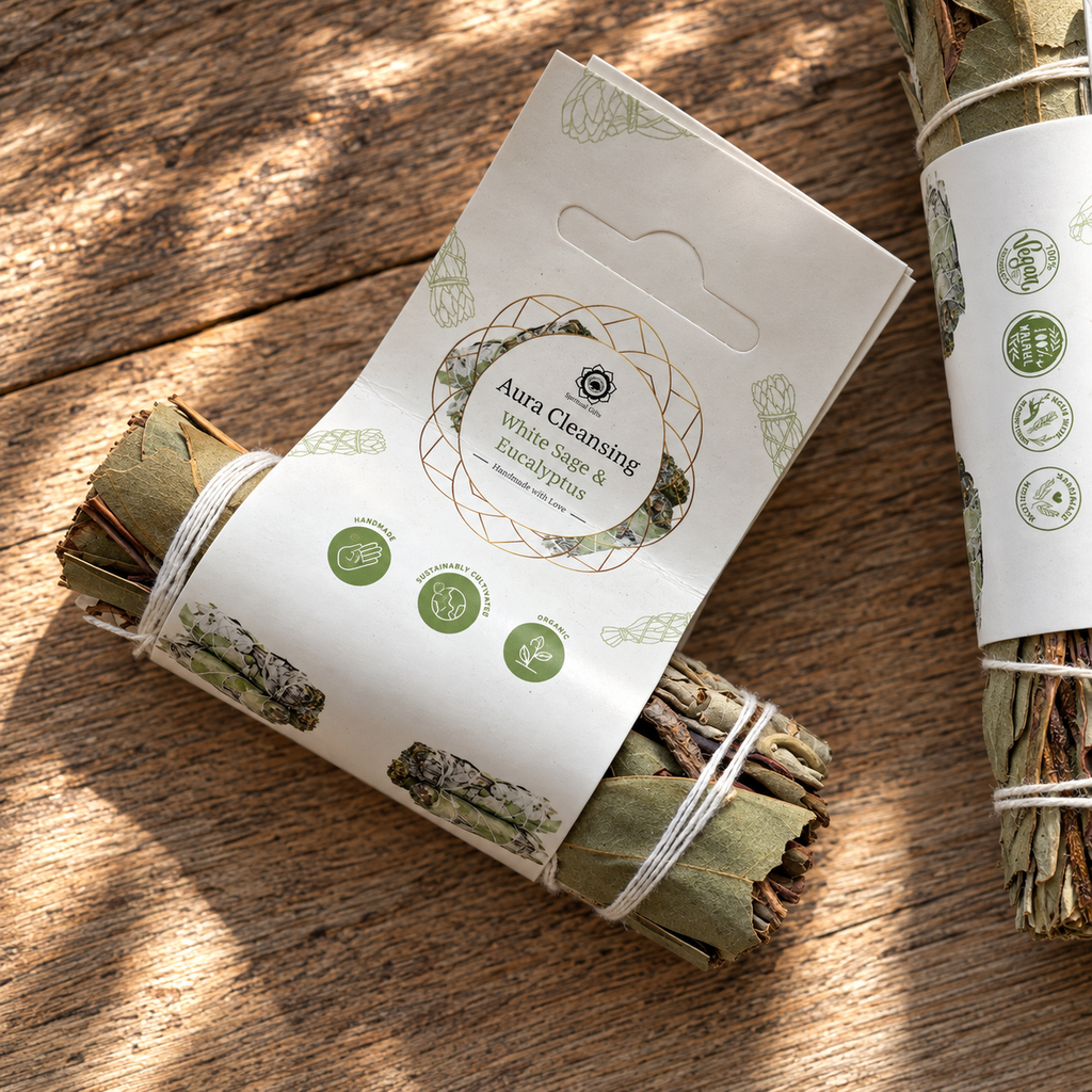 Close-up of an Aura Cleansing white sage and eucalyptus botanical bundle in retail packaging, approximately 10 cm long.