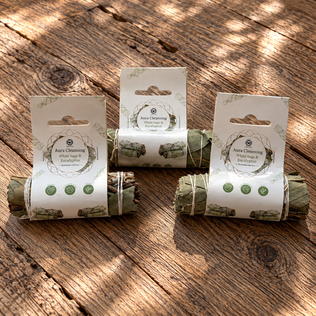 Three packaged white sage and eucalyptus botanical bundles, approximately 10 cm each, displayed on a rustic wooden surface.