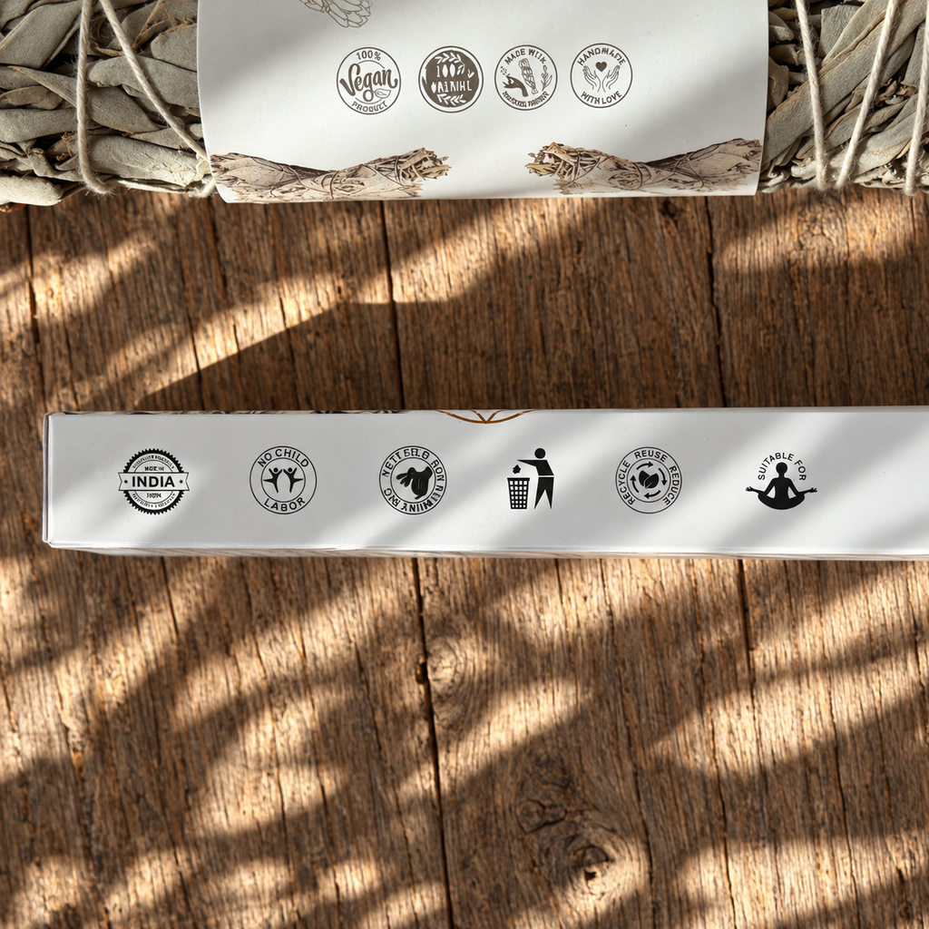 Packaging detail of White Sage Selenite incense and natural white sage smudge stick.