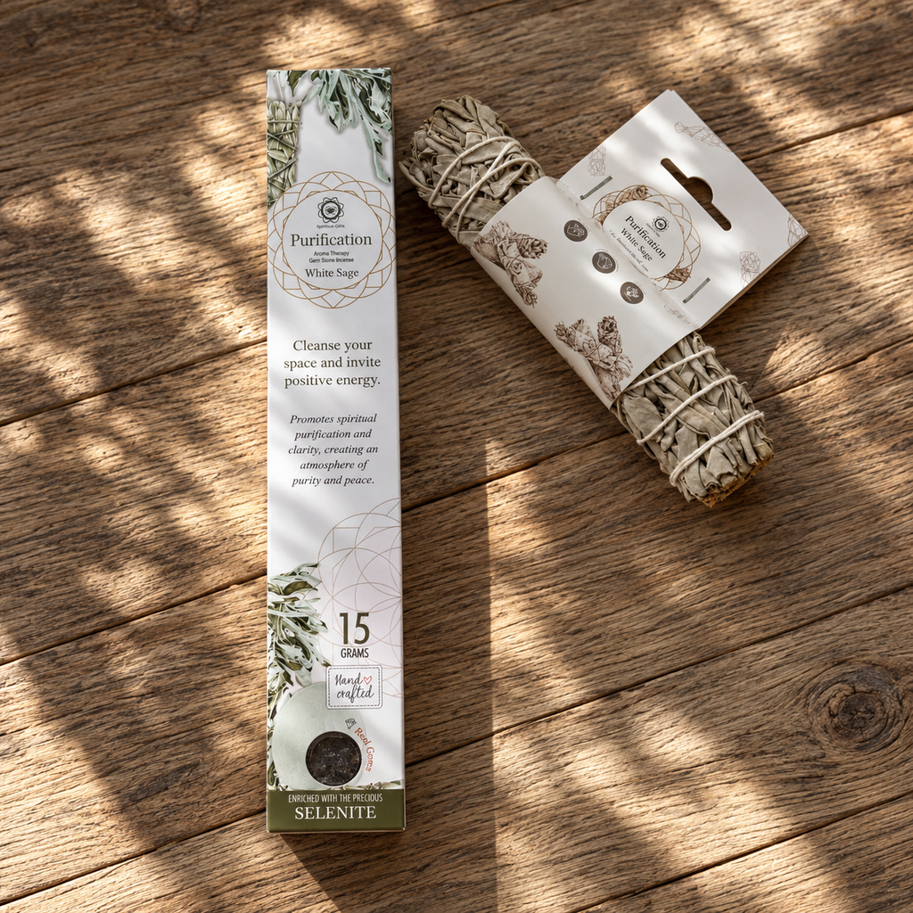 White Sage Florida Water Spray beside a packaged natural white sage smudge stick.