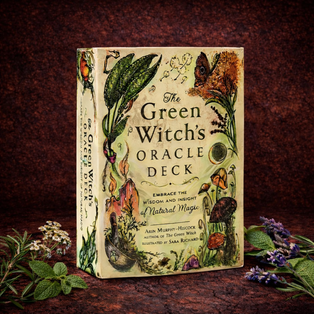 Witchcraft Oracle Deck Inspired by Nature & Herbs by Arin Murphy-Hiscock, illustrated with herbs, flowers, mushrooms and woodland motifs