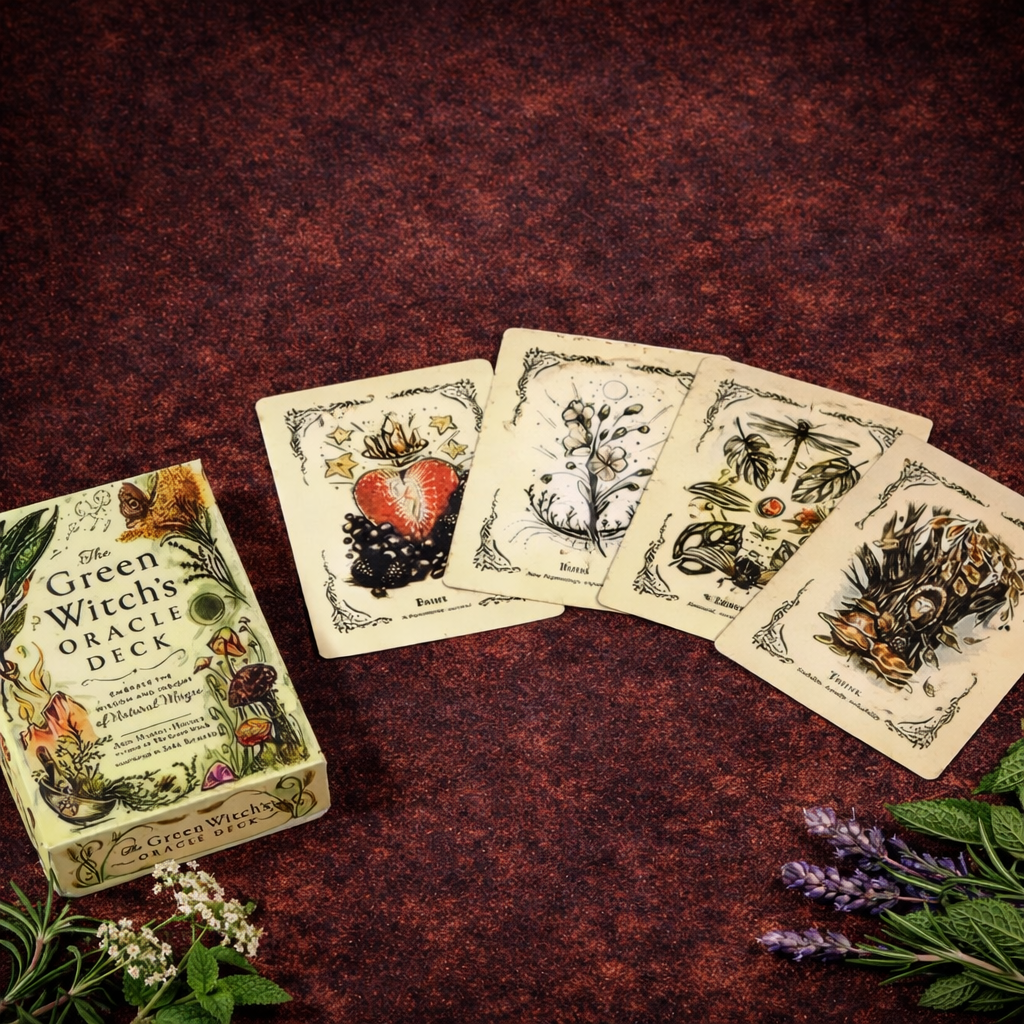 Witchcraft Oracle Deck Inspired by Nature & Herbs by Arin Murphy-Hiscock displayed with five illustrated nature-themed oracle cards