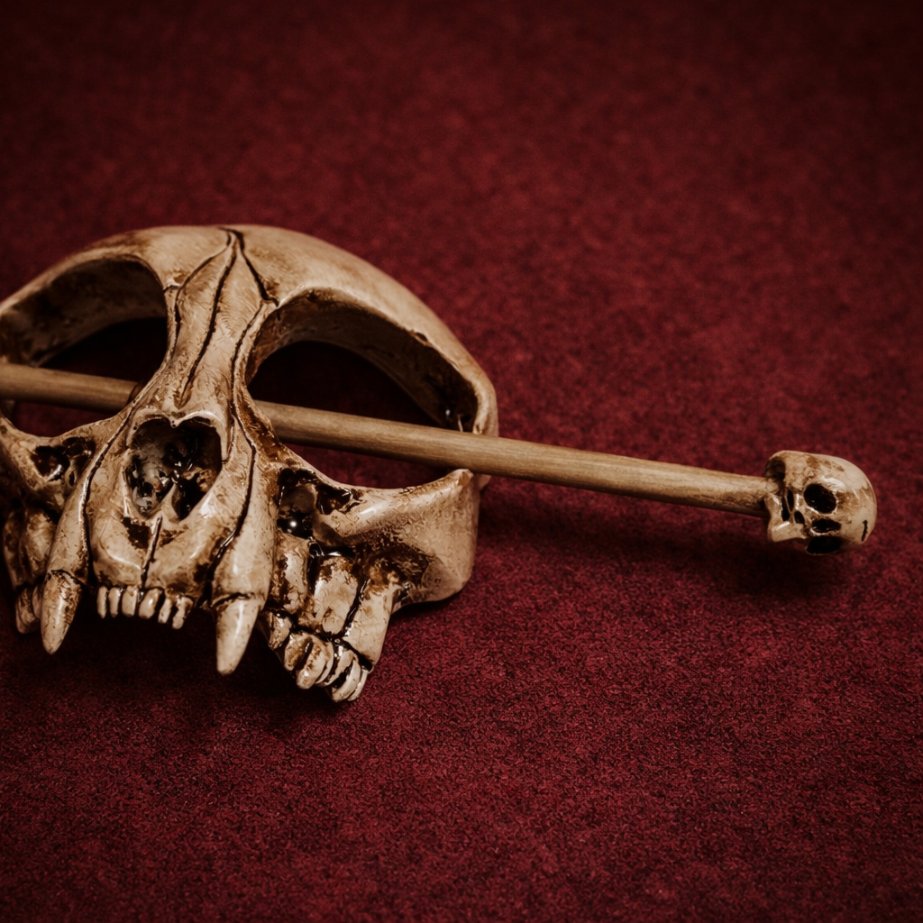 Angled view of a bone-look wolf-skull-style hair stick with fang details