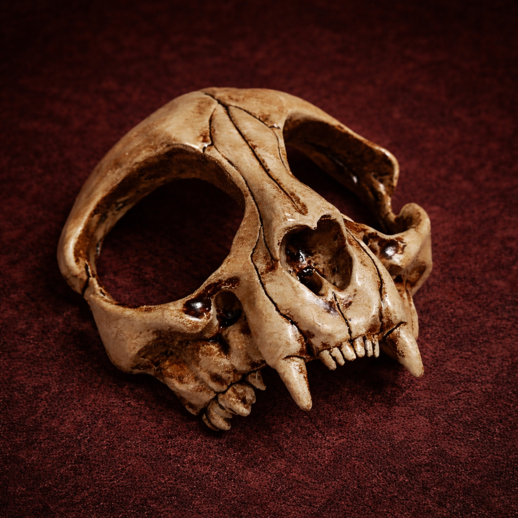 Front view of a bone-look wolf-skull-style hair stick on dark red fabric.