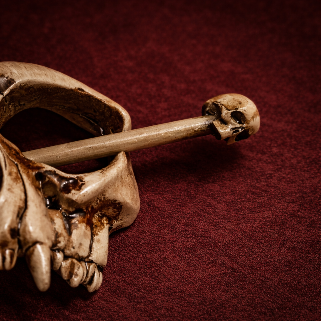 Close-up of a bone-look wolf-skull-style hair stick with a small skull at the end